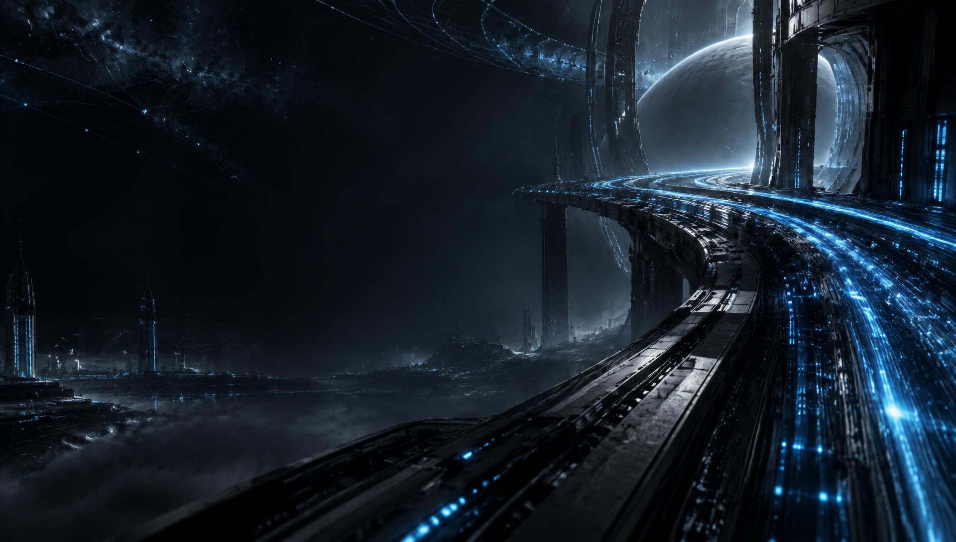 Illuminated data infrastructure extending through a cinematic futuristic landscape